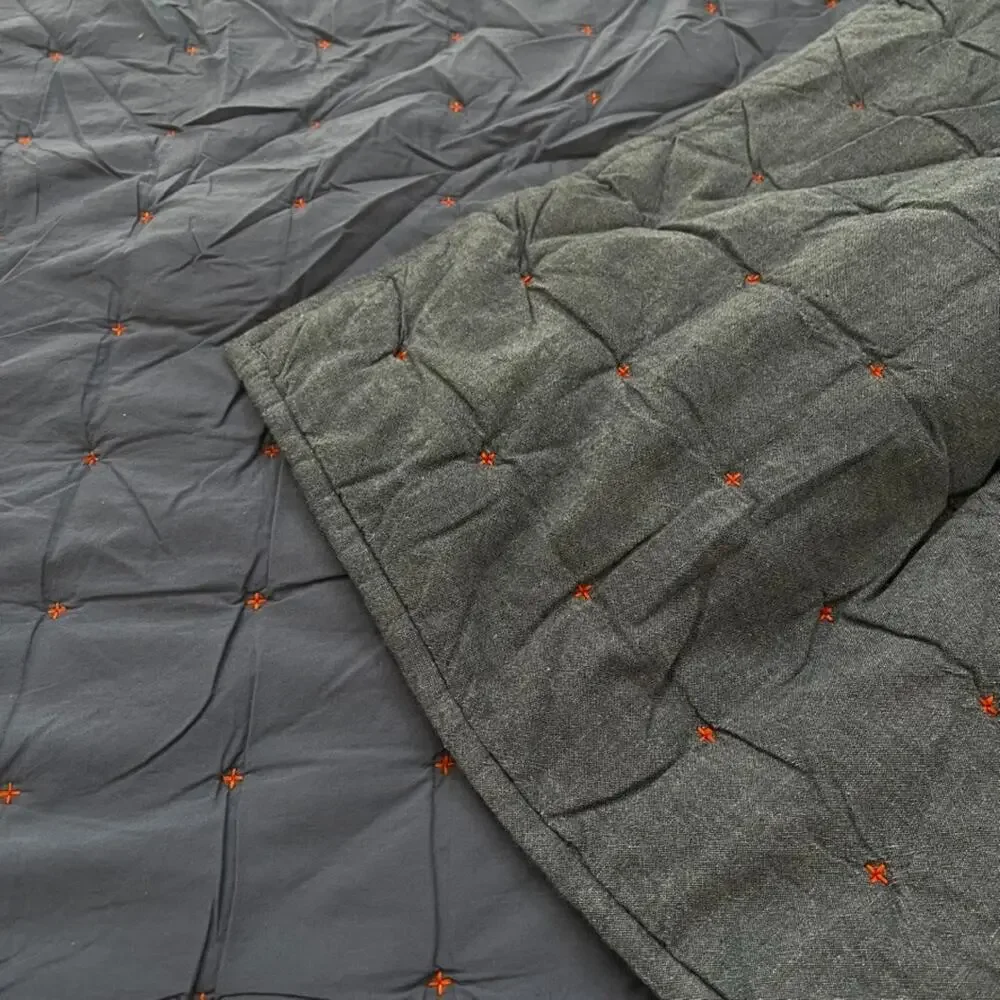 Crate & Barrel Blue Chambray Twin Quilt 66x86 in Orange Accent Stitching